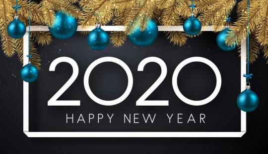 Happy New Year 2020 shiny poster with fir branches and blue Chri